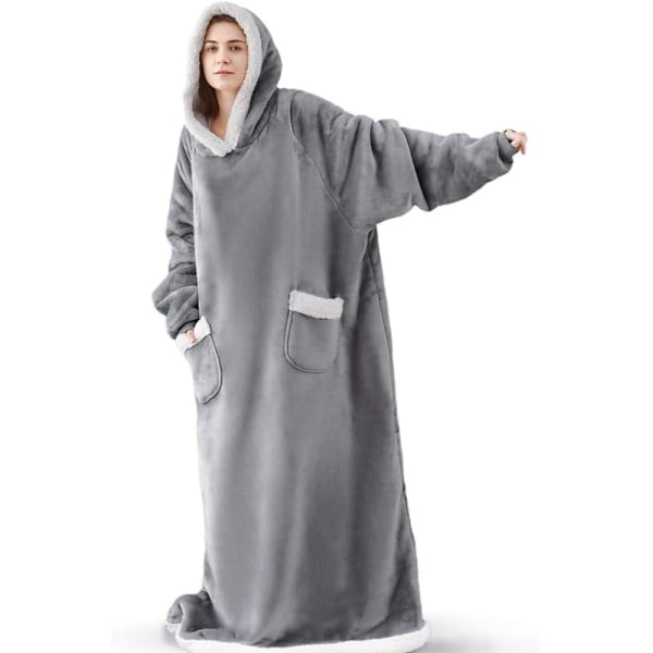 Ekstra lang hettegenser-teppe for kvinner Oversized bærbart teppe Koselig myk komfortabel Sherpa fleece gigantisk bærbart hettegenser-teppe genser (lys grå) light grey