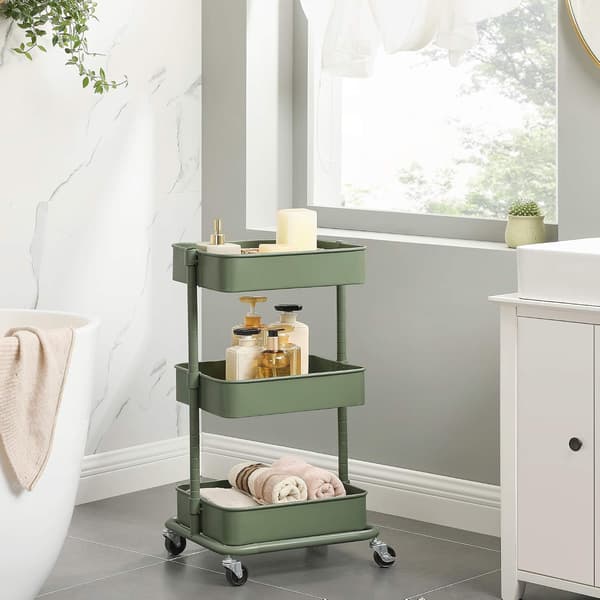 3-Tier Rolling Storage Cart with Height-Adjustable Shelves 2 Brakes Olive Green BSC060C01
