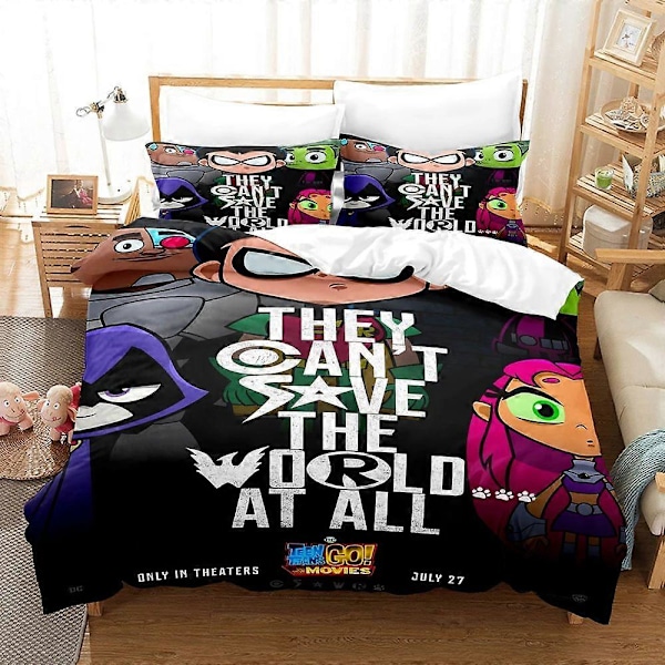 v218 Sängkläder Tecknad Teen Titans Go Sängset, Påslakan Täcke Sängset Täcke Örngott, King Queen Twin Storlek Pojkar Flickor Vuxna 3-Delars 135x200cm 53x78in