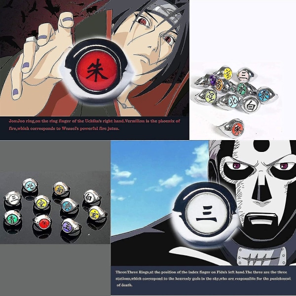 Wabjtam 11 kpl Akatsuki-sormussetti Anime Naruto Cosplay-rekvisiitta Ninja Uchiha Itachi -kaulakoru Miesten korut