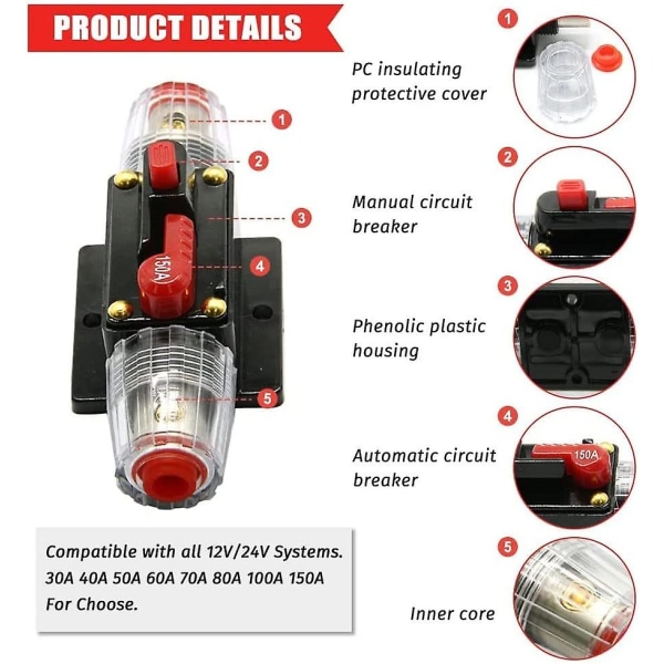 125a Automaattinen piirikatkaisija Auton suojaus 12v - 24v Dc Sulakkeella Nollaus Manuaalinen kytkin