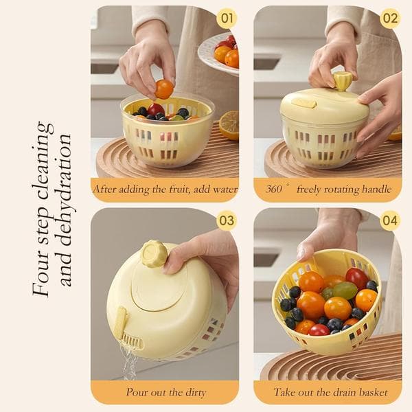 Black & Pink Fruit Washing Container with Lid & 360° Rotating Handle - Berry Strainer, Colander & Refrigerator Storage Bowl for Kitchen