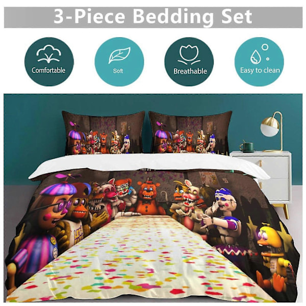 v1442 Five Nightat Freddy Quilt Sæt Tyk Blød 3 Dele Sengesæt Helårs Dynebetræk med 2 Pudebetræk til Voksne Kvinder Piger Teenagere Hjemmeværelse 135x200cm 53x78in