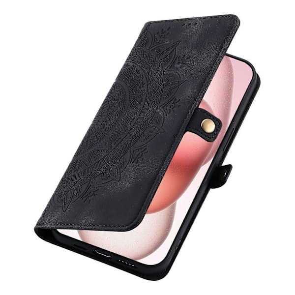 Style 016 For iPhone 15 Deksel Skin Feel Totem Preget Lommebok Lær Telefondeksel - Multicolor Black
