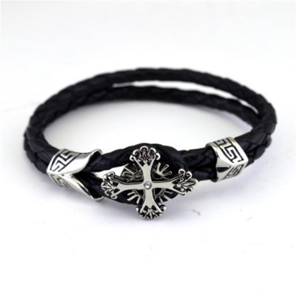 Herr och dam smycken armband, Intrecciatto läder och rostfritt stål kors armband, retro stil, svart och silver