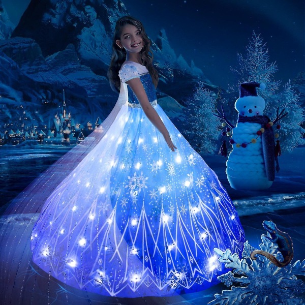 Frozen 1&2 Anna Elsa Led Glowing Dress Flickor Jul Rollspel Festklänning Snödrottning Karneval Bal Klänning Set A 5-6T (130)