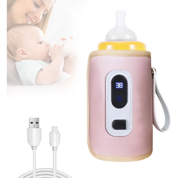 Bärbar flaskvärmare, USB bärbar baby med indikator, termostatiskt cover 5 hastigheter justerbar för bil, resor, hem Pink