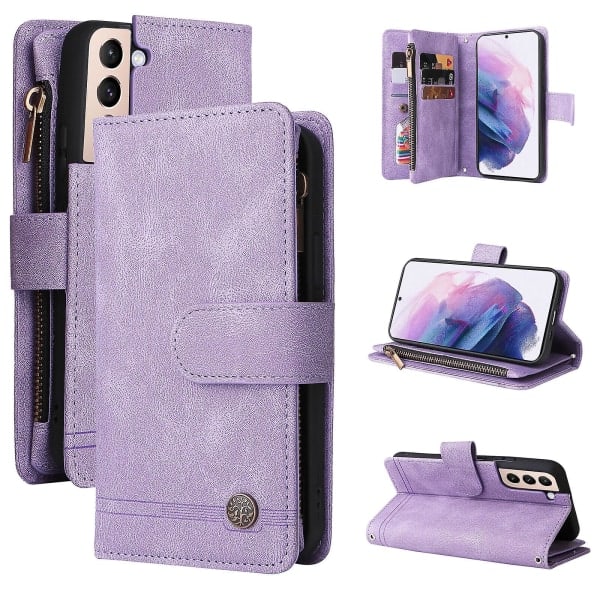 Fodral for Samsung Galaxy S22 5G Lær Flip Case Med Kredittkortholder Pengelomme Magnetiske Knapper Case Kickstand Støtsikker Lilla A