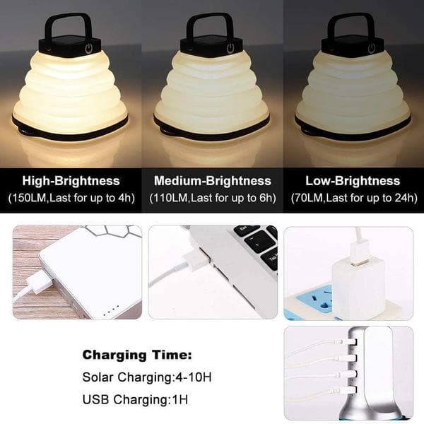 [2-pak] Solar Camping Lanterne, LED Campinglampe Genopladelig med USB-kabel, Sammenklappelig og 3 dæmpbare tilstande (Sort)