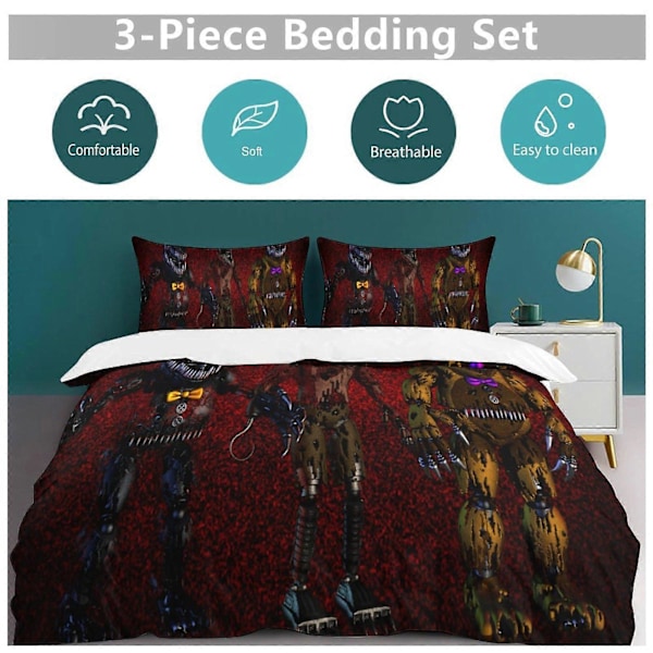 v1017 Five Nightat Freddy Quilt Sæt Tyk Blød 3 Dele Sengesæt Helårs Dynebetræk med 2 Pudebetræk til Voksne Kvinder Piger Teenagere Hjemmeværelse 135x200cm 53x78in