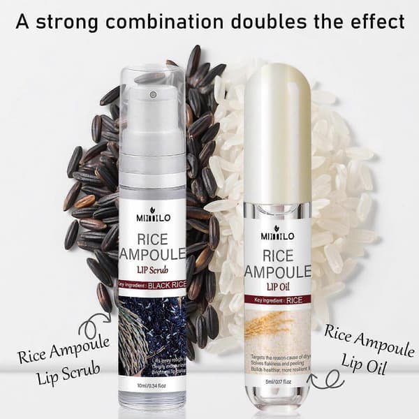 Risampul Duo til læbepleje - Sort risampul læbescrub + Hvid risampul læbeolie - Eksfolierende scrub til tørre læber for blødere, glattere og fugtede læber 2 Set