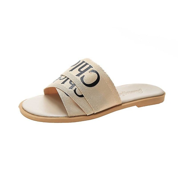 2024 Dam Låg Klack Canvas Tygtofflor Designer Nya Sommarskor Platta Sandaler Strandsandaler för Kvinnor Tofflor Kvinnor Beige 39