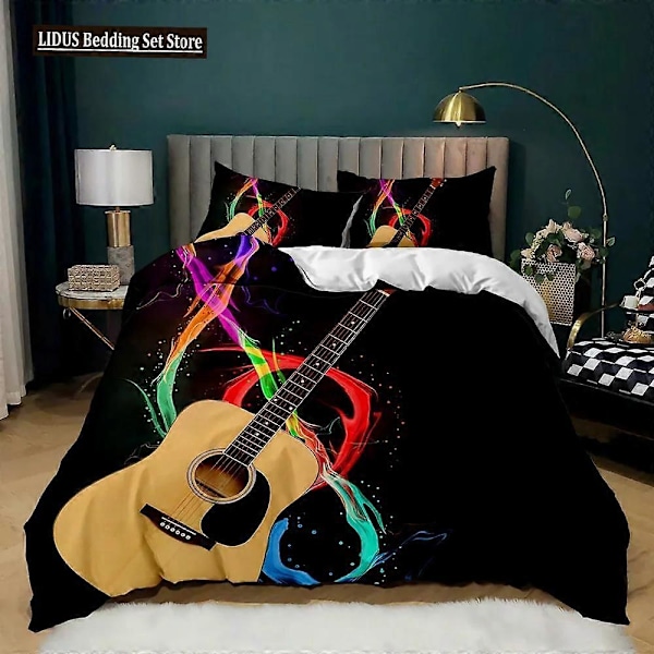 v1113 Sängkläder Gitarr Påslakanset Elgitarr I Brinnande Musikaliskt Kreativitetskoncept Musik Dubbel Queen King Size Polyester Täcke Överdrag 3-Delar 135x200cm 53x78in