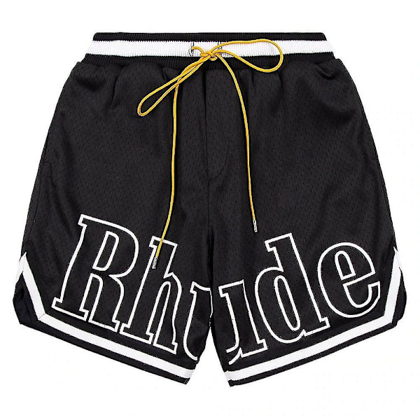 Rhude Shorts Herr Brev Tryck Dragsko Sport Shorts Strand Korta Byxor Gym Athletic Med Ficka Black 2XL