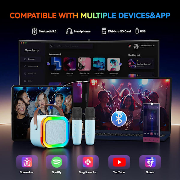 Karaokelaite lapsille ja aikuisille, kannettava Bluetooth Mini Karaoke Mikrofoni Laulukaiutin 2 mikrofonilla ja valoilla, lelut Lila Purple