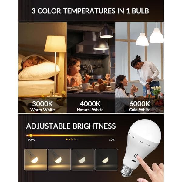 E26 Rechargeable LED Bulbs with Remote Control, 3 Colors Dimmable E26 Battery Operated Light Bulbs with Timer, Rechargeable Emergency Lights 2-Pack