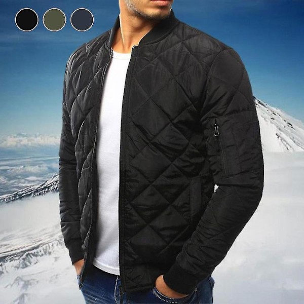 Herr Quiltad Vadderad Pufferjacka Bomber Vinter Varm Dragkedja Upp Rock Black L