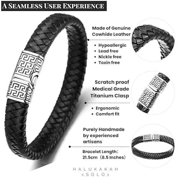 Herrearmbånd i læder, sort/brun flettet titanium magnetlås 8,46\"(21,5cm) - med gaveæske