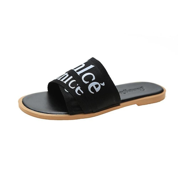 2024 Dam Låg Klack Canvas Tygtofflor Designer Nya Sommarskor Platta Sandaler Strandsandaler för Kvinnor Tofflor Kvinnor Black 38