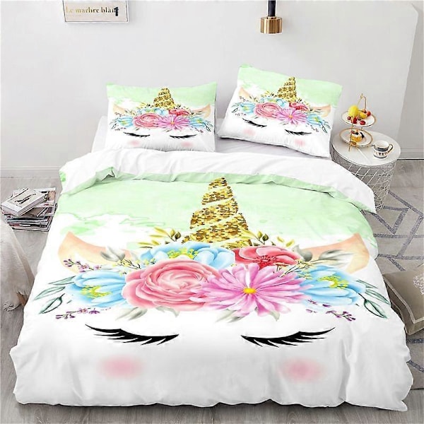v1317 Sengetøj Enhjørning Blomsterprintet Sengesæt /Stk Dynebetræk Pudebetræk Printet Quilt Betræk Twin Full Queen King Boligtekstil Gave 3-Delt Seng 200x200cm 78x78in
