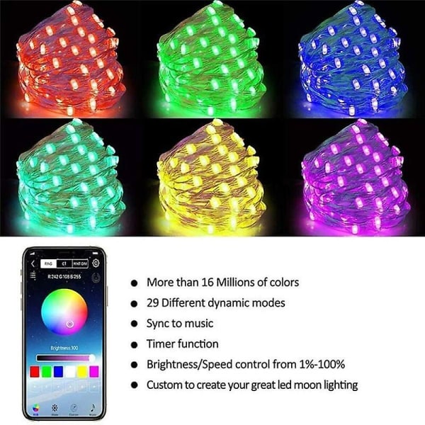 Festislingor Fe-ljus - Ansluten ljusslinga för julgran - Styrbar via smartphone, inomhus/utomhusljusdekoration (10m100leds)