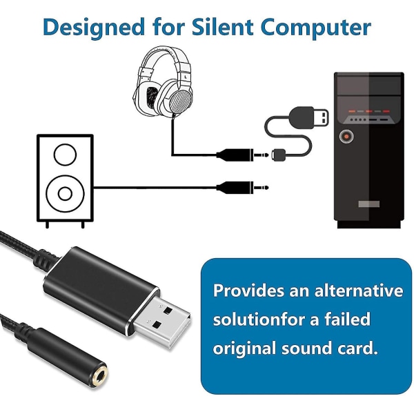 Usb-ääniadapteri, usb-3,5 mm:n ääniliitäntäadapteri, ulkoinen Usb-äänikorttiääniadapteri 3,5 mm:n kuuloke- ja mikrofoniliitännällä (musta/20 cm)