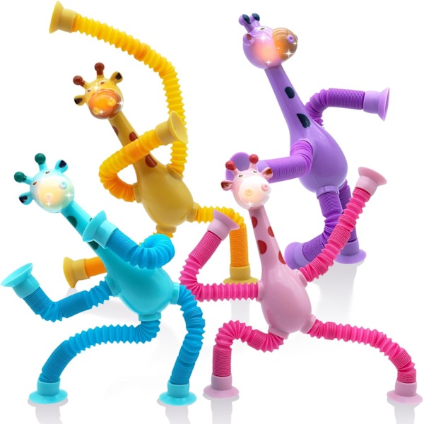 4 st teleskopiska sugkoppsgiraff-leksaker, pedagogiska stressavlastande rörleksaker deformerade tecknade teleskoprör dekompressionsleksaker med ljus