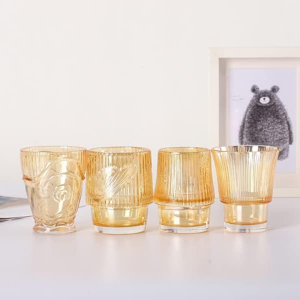 Sæt med 4 sammenklappelige glaskopper, karpemønster, til vand, drinks, te, kaffe osv. (Guld)