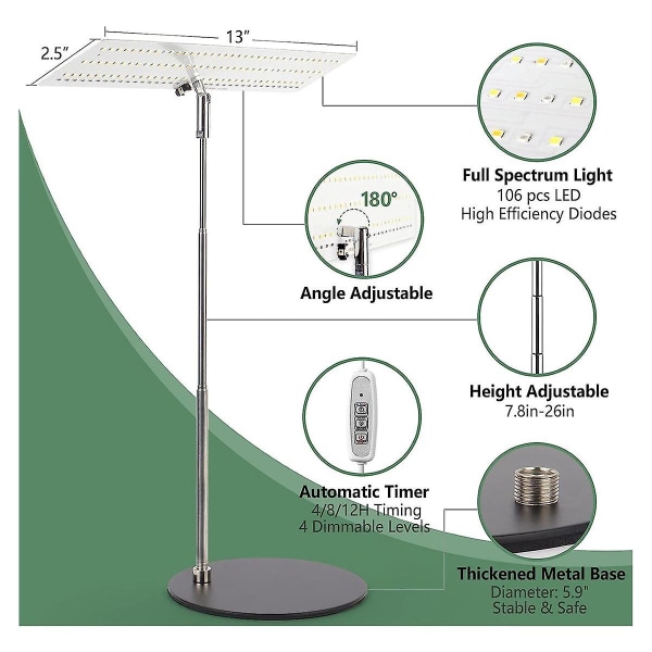 Grolampe, Full Spectrum LED plantelys for planter, høydejusterbar vekstlampe med automatisk på/av silver