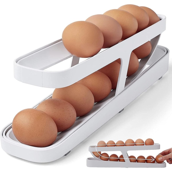 Ägghållare för kylskåp, automatiskt rullande äggförvaringsbehållare, 2-lagers rullande äggdispenser, platsbesparande äggbricka för kylförvaring
