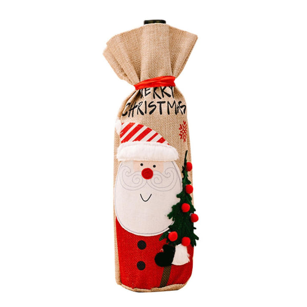 Julvinflaskväska Jultomten Snögubbe tecknat mönster imitation linne julsäckspackning för festival Santa Claus