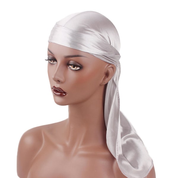 Silky Durag med lang hale for menn, pakke med Durags Do Rags for 360 bølger Silver