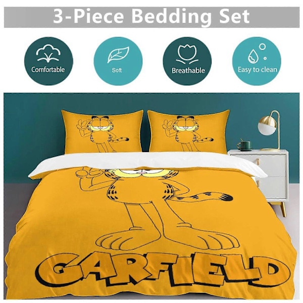 x49 Garfield Dynebetræk Mikrofiber Sengelinned Sæt 3D Printet Letvægts 3 Dele Dynesæt, 1 Dynebetræk og 2 Pudebetræk til Børn Drenge Gir 135x200cm 53x78in