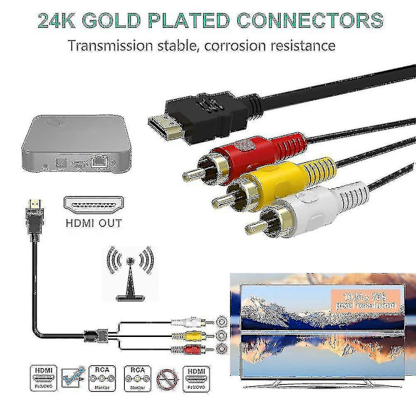 Hdmi til Rca-kabel, 1080p 5ft/1.5m Hdmi hann til 3-rca video lyd Av kabelkontakt adapter sender kompatibel med TV Hdtv Dvd