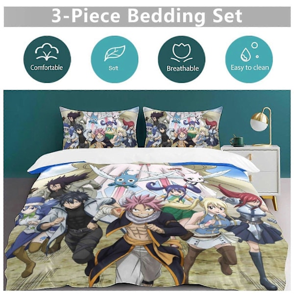 x297 Fairy Tail 3-osainen vuodevaatesetti Lämmin ja mukava pehmeä pussilakanasetti 1 pussilakanalla ja 2 tyynyliinalla makuuhuoneeseen b297 200x200cm 78x78in