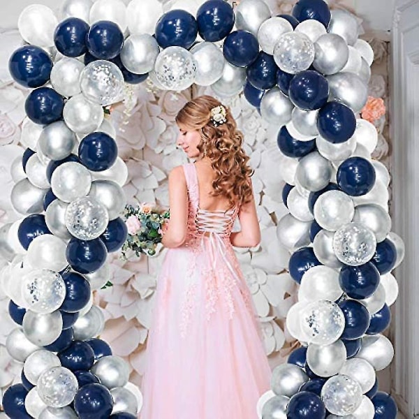 Vitblå silverballong, 50 delar 12 tums marinblå ballong, silverkonfettiballong, vit silv
