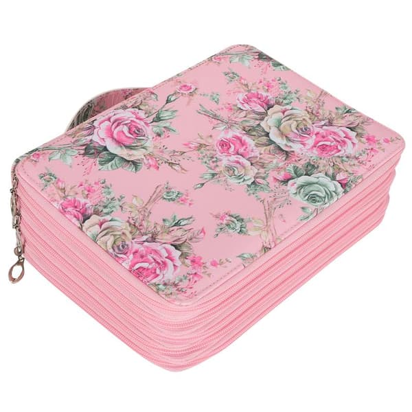 Pencil Case with Rose Pattern, Multi-layer Zipper, 252 Slots, Portable Pen Holder, Storage Pocket (Pink Background Rose)