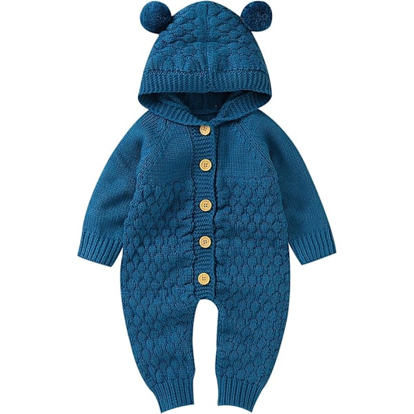 Nyfødt baby jente strikket jumpsuit med lue en-stykke klær genser romper for 0-24 måneder 66 Blue