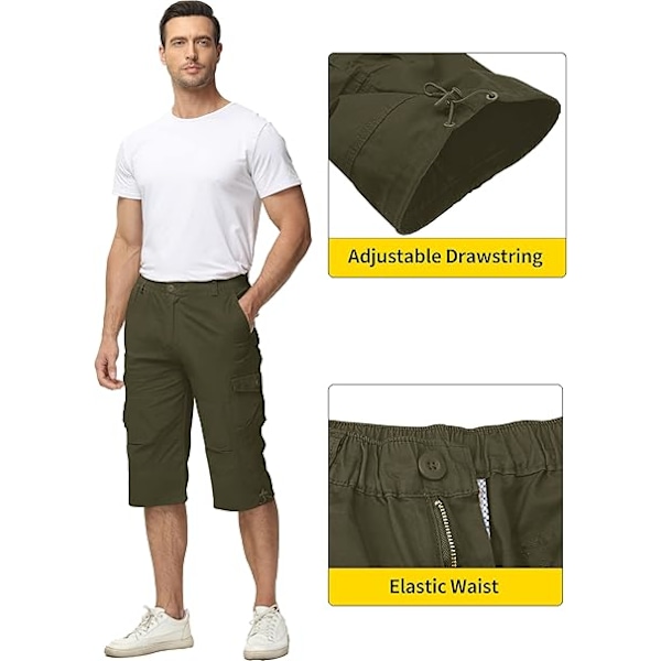 Herr 3/4 längd shorts bomull casual capri cargo shorts beskuren byxor med flera fickor XXL Army Green