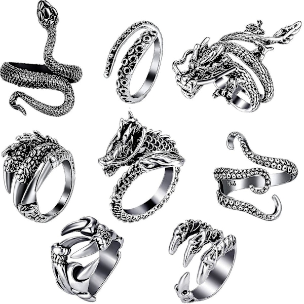 8 stk. Vintage Punk Ringe Octopus Drage Slange Justerbar Ring