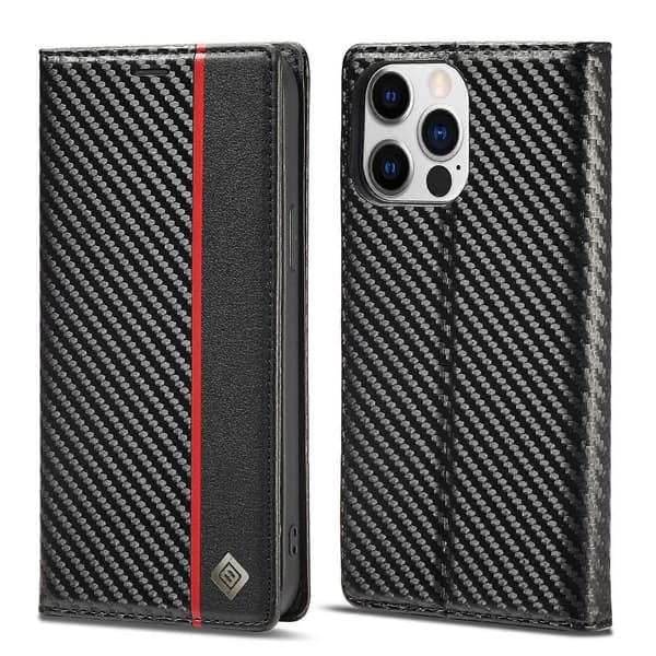 För iPhone 14 Pro LC.IMEEKE Kolfiber PU + TPU Läderfodral Vertical Black