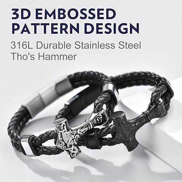 Svart läderarmband för män med flätad handled och hänge Thors hammare/skalle/frimurarsymbol vaxrep armband med justerbart magnetlås