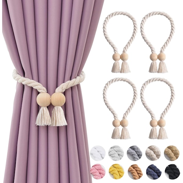 4 kappaletta puupallomagneettisia verhonauhoja puuvillasta käsin kudottu köysiverhon pidikkeet ohuille ja paksulle ikkunan verhoille (beige)