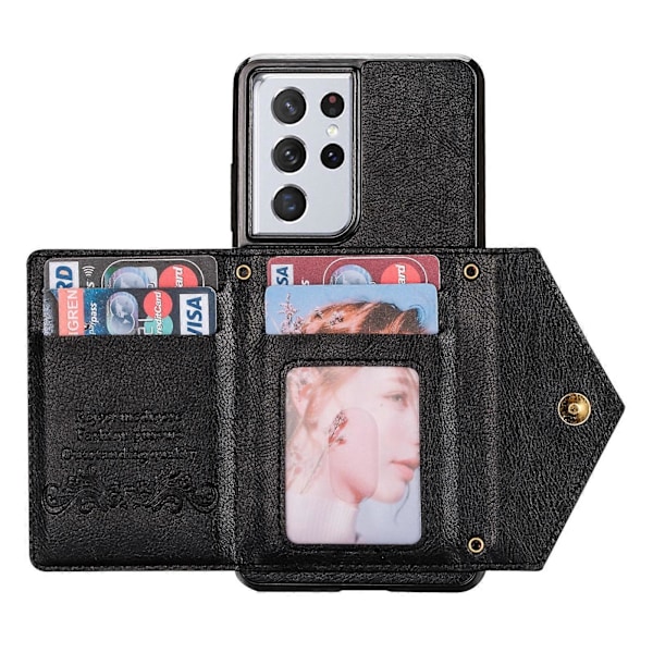 N.BEKUS för Samsung Galaxy S21 Ultra 5G Dubbelskyddande PU-läder + TPU Kickstand Design Plånboksmobilfodral - Black