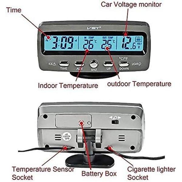 4 i 1 bil Auto LCD Spänning Temperaturdetektor Digital Display Termometer Kontroll väckarklocka