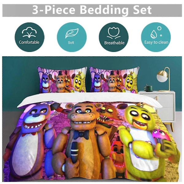 v1185 Five Nightat Freddy Täcke Set Tjockt Mjukt 3-delars Sängklädesset Året Runt Täcke med 2 Örngott för Vuxna Kvinnor Flickor Tonåringar Hemrum 135x200cm 53x78in
