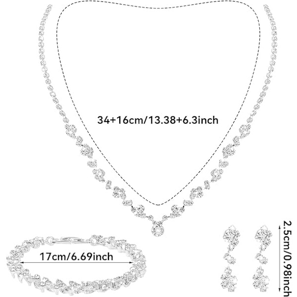 Bröllopssmyckesset med strass, bröllopssmyckesset i silver, bröllopshalsband och örhängen, brudbrudtärna bal smyckesset