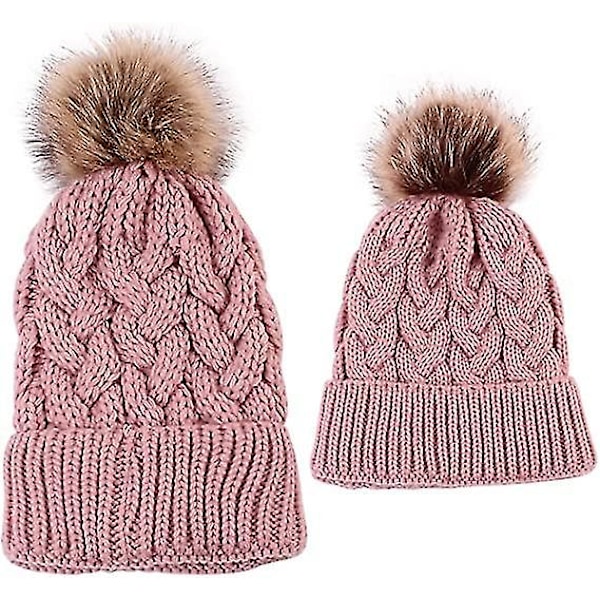 Dww-2PCS Mother Baby Beanie Family Matching Beanie Hat Winter Warmer pink