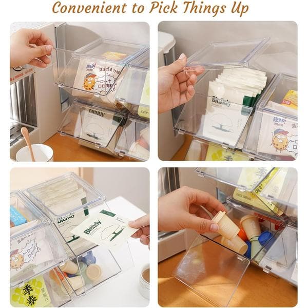 Teabag Organizer Coffee Pod Holder, Stackable Acrylic Desk Organizer Box with Lid, 4-Pack