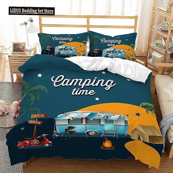 v1101 Sengetøy Camper Time Trykk Sengetøysett Campingbil Dynetrekk Reisetema Tegneserie Camping Dynetrekk Full King For Tenåringer Voksen 3-Deler 240x260cm 94x102in